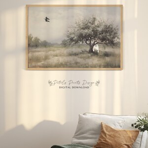 May include: A digital download print of a watercolor painting of a ghost standing under a tree in a field with a bird flying overhead. The painting has a soft, muted color palette.