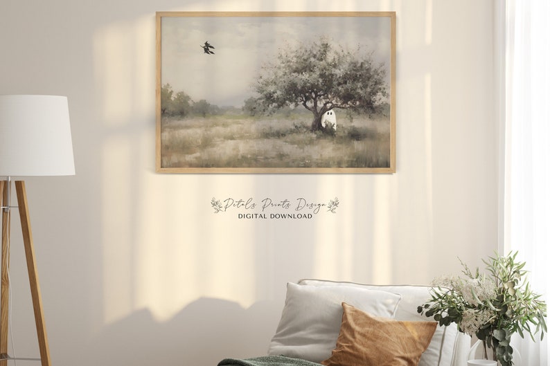 May include: A digital download print of a watercolor painting of a ghost standing under a tree in a field with a bird flying overhead. The painting has a soft, muted color palette.