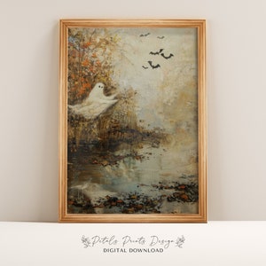 Ghosts Art Print, Halloween Art Print, Halloween Decor, Cute Ghosts in Field, Spooky Vintage Halloween, Printable Wall Art, Digital Download