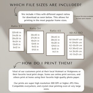 May include: A graphic showing different file sizes included in a digital download for printing. The sizes are listed in inches and centimetres. The text reads "Which file sizes are included?" and "How do I print them?"
