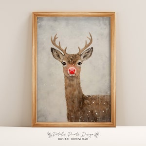 Christmas Wall Decor Printable Reindeer Oil Painting, Rustic Christmas Art, Printable Xmas Decor-Print, Vintage Xmas Holiday Art Print