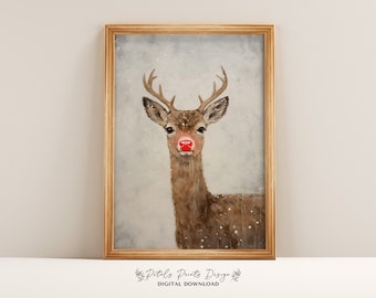Vintage Reindeer Oil Painting Print: Rustic Christmas Wall Decor (Digital Download)