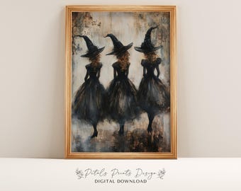Stampa vintage di Halloween con strega: decorazione rustica da strega (download digitale)