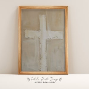 Puede incluir: Pintura abstracta enmarcada con una cruz blanca sobre fondo beige. La obra de arte tiene una apariencia texturizada y pintada, enmarcada en un marco de madera marrón claro. El texto "Petals Prints Design DIGITAL DOWNLOAD" está en la parte inferior.