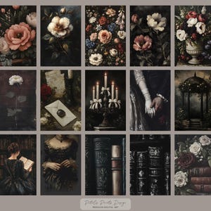 May include: A collection of digital art prints featuring vintage floral arrangements, portraits, and gothic scenes. The prints showcase roses, peonies, and other flowers in vases, along with images of candles, books, and figures in antique attire. The color palette includes dark tones.