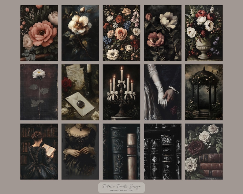 May include: A collection of digital art prints featuring vintage floral arrangements, portraits, and gothic scenes. The prints showcase roses, peonies, and other flowers in vases, along with images of candles, books, and figures in antique attire. The color palette includes dark tones.