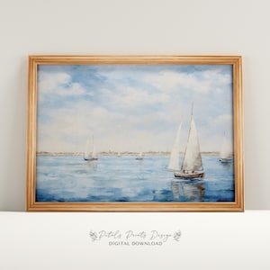 Vintage Beach Print, Abstract Coastal Painting, Trendy Wall Art, Retro Coastal Printable Wall Art, Blue Apartment Decor