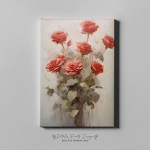 May include: A painting of a bouquet of red roses with green leaves. The roses are painted in a loose, impressionistic style, with soft edges and brushstrokes. The background is a light beige color.
