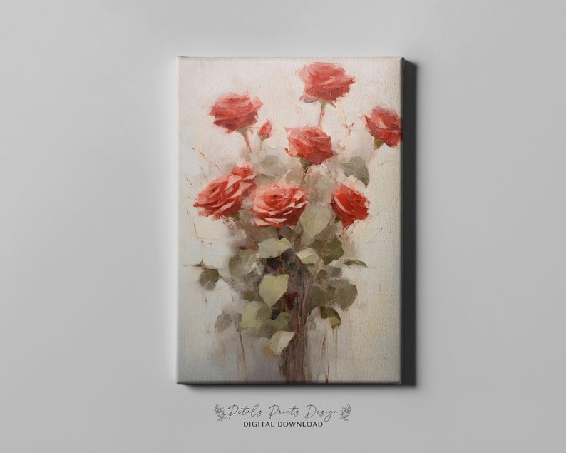 May include: A painting of a bouquet of red roses with green leaves. The roses are painted in a loose, impressionistic style, with soft edges and brushstrokes. The background is a light beige color.