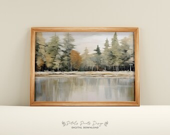 Printable Vintage Landscape Oil Painting, Vintage Landscape Print, Rustic Lakeshore Landscape Painting Printable, Nature Lake Download able