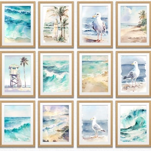 Ensemble d&#39;impressions de plage aquarelle : art côtier de palmiers océan (téléchargement numérique)