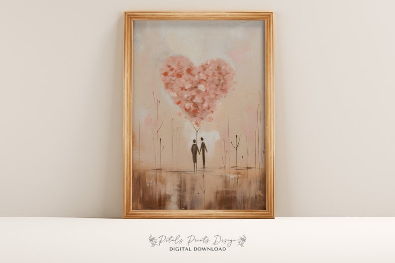 May include: A digital painting depicting two figures standing in front of a heart-shaped tree formed from pink petals. The background is a soft, muted pink and brown.