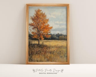 May include: A painting of a single autumn tree with orange leaves in a field. The tree is in the foreground of the painting, and there are other trees in the background.