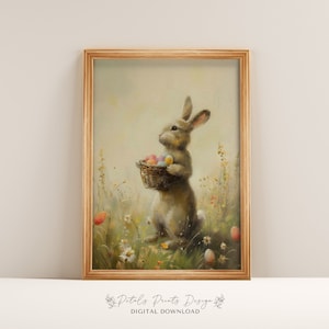 Vintage Downloadable Spring Wall Art, Rustic Printable Rabbit Art, Vintage Easter Prints, Vintage Muted Green Neutral Tone Spring Art Prints