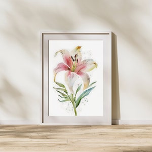 Botanische Aquarell Wand Kunst rosa Stargazer Lilie gegen den weißen Hintergrund