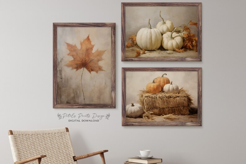 May include: Set of three digital prints featuring fall-themed imagery. The first print shows a single brown maple leaf on a white background. The second print shows a group of white pumpkins on a brown background. The third print shows three pumpkins, two orange and one white, on a bale of hay.