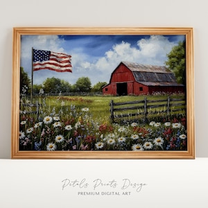 Patriotische amerikanische Flagge 4. Juli Blumen Wand Kunst druckbare Farm Szene, USA Feier Geschenk Neutral Blumen Kunstwerk, DIGITAL DRUCKBAR