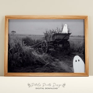 Ghosts Art Print, Halloween Art Print, Halloween Decor, Cute Ghosts in Field, Spooky Vintage Halloween, Printable Wall Art, Digital Download