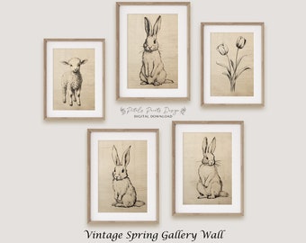 Vintage Rabbit, Lamb, & Tulip Print Set: Rustic Spring SKETCH Wall Art (Digital Download)
