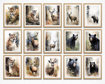Forest Animals Printable Wall Art Bundle, 17 Forest Animal Prints, Watercolor Animal Instant Download Art, Deer Art, Bear Art, Elk Art