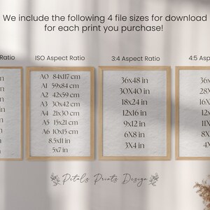 May include: A graphic showing four different aspect ratios for digital prints. The aspect ratios are 2:3, ISO, 3:4, and 4:5. Each aspect ratio has a list of different sizes in inches and centimetres. The text "Pitals Prints Design" is at the bottom of the graphic.