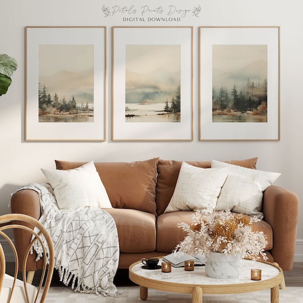 Akvarelltryckset med bergssjö: Modern minimalistisk naturkonst (digital nedladdning)