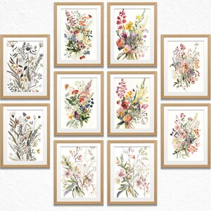 ワイルドフラワープリント 10 枚セット：ミニマリストな花柄ウォールアート（デジタルダウンロード）