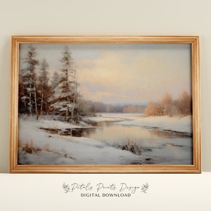 Rustic Winter Landscape Print, Vintage Snowy Countryside Painting, Farmhouse Decor XMas Wall Digital Print Winter Landscape Earth Tone
