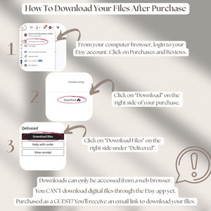 May include: A step-by-step guide on how to download digital files after purchasing from Etsy. The guide includes screenshots of the Etsy website and instructions on how to access the download files. The guide also notes that downloads can only be accessed from a web browser and not the Etsy app.