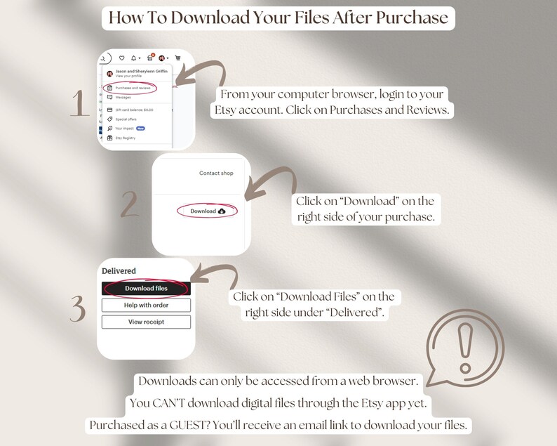 May include: A step-by-step guide on how to download digital files after purchasing from Etsy. The guide includes screenshots of the Etsy website and instructions on how to access the download files. The guide also notes that downloads can only be accessed from a web browser and not the Etsy app.