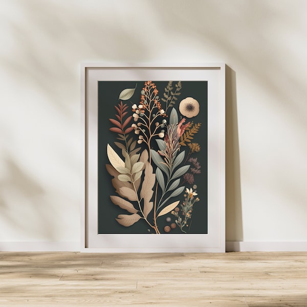 Rustic Folk Botanical Wall Art With Colorful Leaves, Digital Download, Floral Art, Botanical Art, Folk Art, Rustic Botanical Wall Art