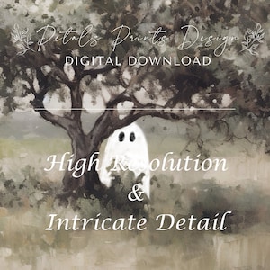 May include: A digital download of a watercolor painting of a ghost in a tree. The painting is in shades of gray and green, with a white ghost in the center. The text "High Resolution & Intricate Detail" is written below the ghost.