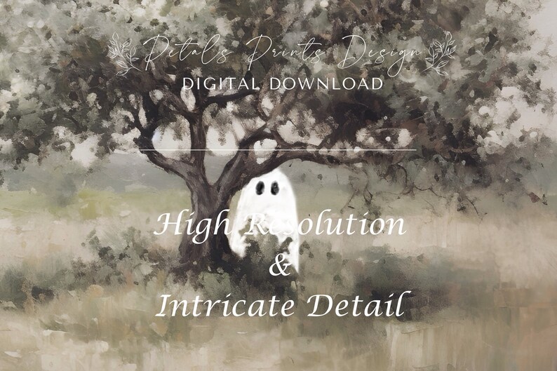 May include: A digital download of a watercolor painting of a ghost in a tree. The painting is in shades of gray and green, with a white ghost in the center. The text "High Resolution & Intricate Detail" is written below the ghost.
