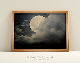 May include: A digital download of a painting depicting a full moon in a cloudy night sky. The moon is a bright white, and the clouds are a soft gray. The sky is a dark blue.