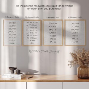 May include: Four framed images showing different aspect ratios and sizes for printable art. The images are on a light brown background with white text. The text includes the aspect ratio and the size in inches and centimeters. The text "Petals Prints Design" is at the bottom of the image.