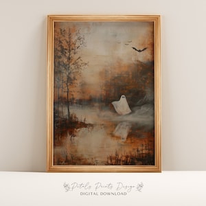 Ghosts Art Print, Halloween Art Print, Halloween Decor, Cute Ghosts in Field, Spooky Vintage Halloween, Printable Wall Art, Digital Download