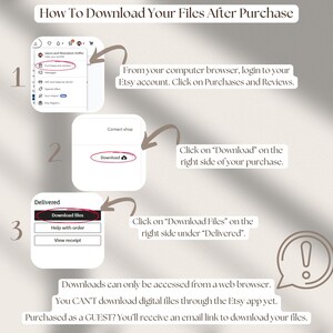 May include: A step-by-step guide on how to download digital files after purchasing them on Etsy. The guide includes screenshots of the Etsy website and instructions on how to access the download files. The guide also mentions that downloads can only be accessed from a web browser and not the Etsy app.