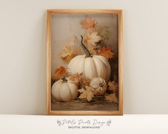 Vintage Pumpkin Still Life Painting: Rustic Autumn Wall Art (Digital Download)