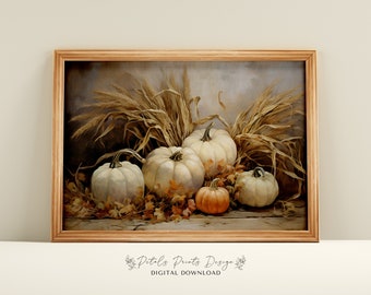 May include: A framed painting of a still life featuring five white pumpkins and one orange pumpkin surrounded by dried wheat stalks and autumn leaves.