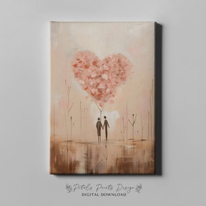 May include: A digital painting depicting two figures standing beneath a large heart-shaped tree composed of pink petals. The background is a soft peach colour with brown brushstrokes at the bottom.