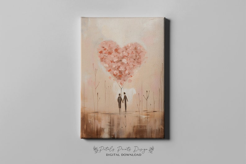 May include: A digital painting depicting two figures standing beneath a large heart-shaped tree composed of pink petals. The background is a soft peach colour with brown brushstrokes at the bottom.