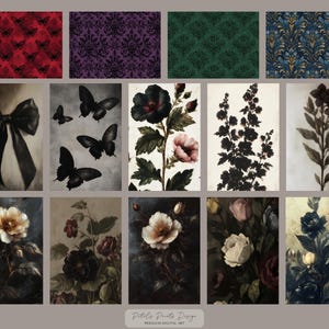 May include: A collection of digital art prints featuring various designs. The prints include floral arrangements, butterflies, and patterned backgrounds in shades of red, purple, green, and blue. The prints are labeled "Petals Prints Design, Premium Digital Art."
