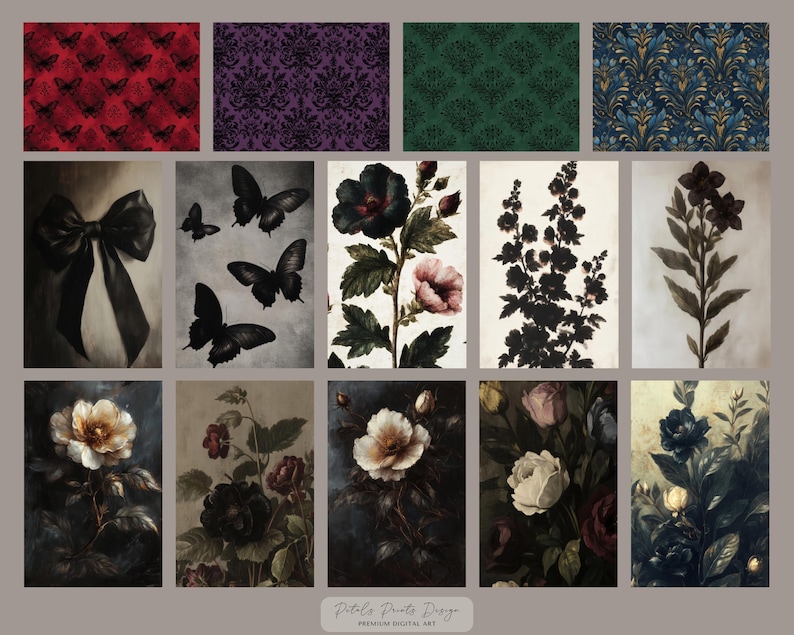May include: A collection of digital art prints featuring various designs. The prints include floral arrangements, butterflies, and patterned backgrounds in shades of red, purple, green, and blue. The prints are labeled "Petals Prints Design, Premium Digital Art."