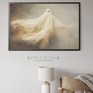 May include: A digital download of a printable art print featuring a white ghost with a flowing sheet, set against a soft, muted background of brown and grey.
