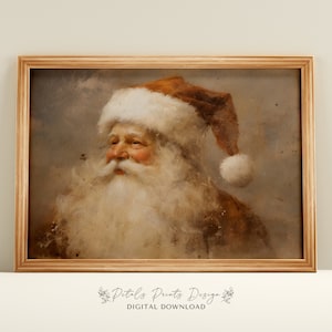 May include: A vintage-style painting of Santa Claus with a white beard and a red and white hat. The painting has a faded, distressed look and is framed in a light wood frame.