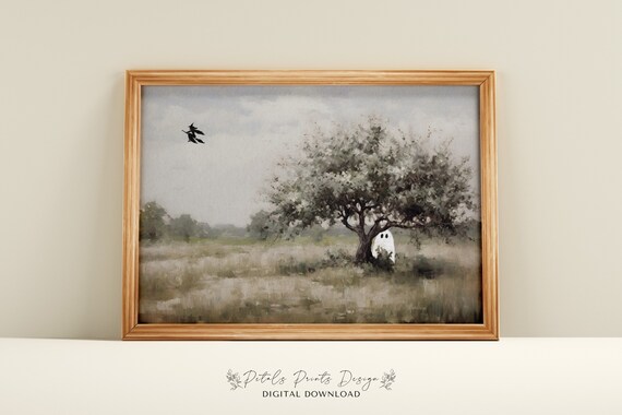 Vintage Halloween Ghost Art Print: Spooky Field Scene (Digital Download)
