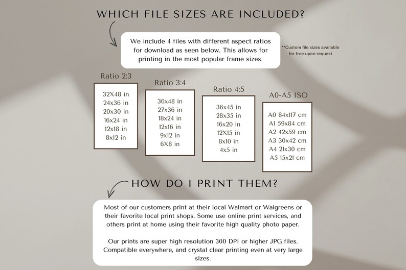May include: A graphic with the text "Which file sizes are included?" and a description of the different file sizes included in the digital download. The file sizes are listed in inches and centimetres. The graphic also includes the text "How do I print them?" and a description of how to print the files.