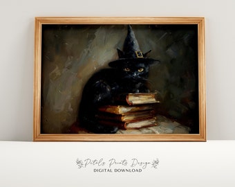 Impressão vintage de gato de Halloween: pintura de gato preto com bruxa (download digital)