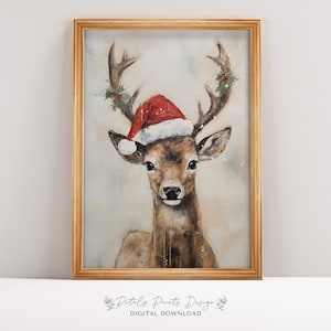 May include: A watercolor painting of a deer wearing a Santa hat with holly on its antlers. The background is a light blue with white snowflakes.