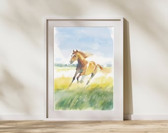 Watercolor Horse Wall Art. Watercolor Horse Running in a Field.